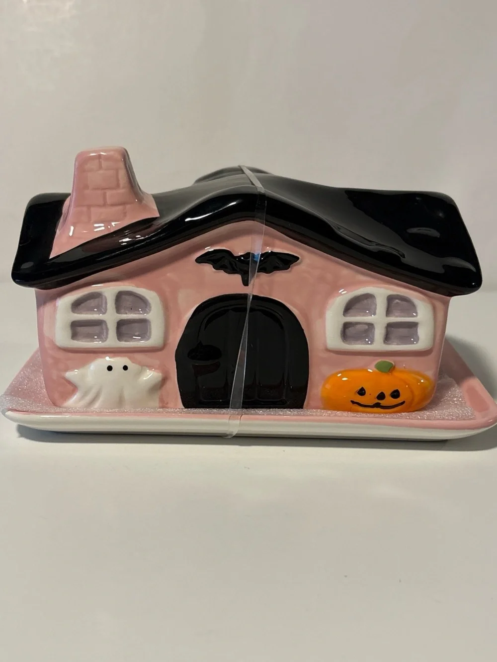 Pink Haunted House Wide Butter Dish. New